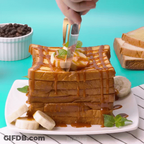 Stack Of Toast With Bananas And Caramel Sauce GIF