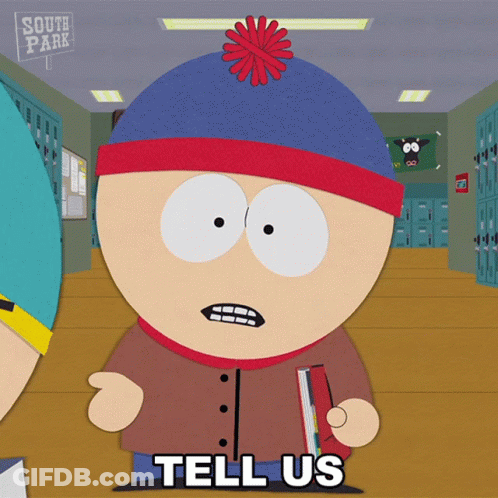 Stan Marsh From South Park Holds A Book And Says Tell Us GIF