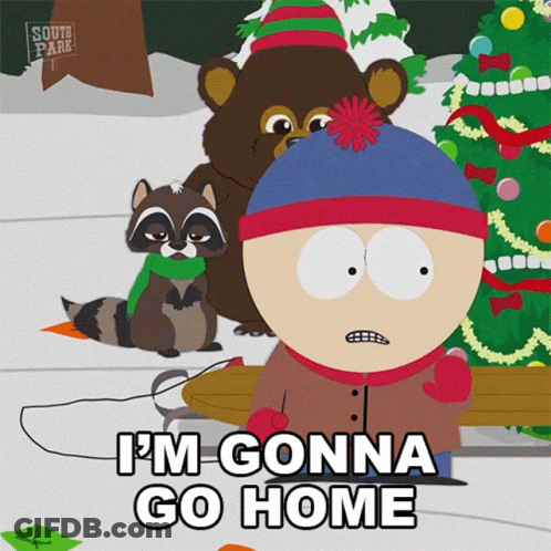 Stan Marsh From South Park Says " I 'M Gonna Go Home " In Front Of A Raccoon And A Christmas Tree GIF