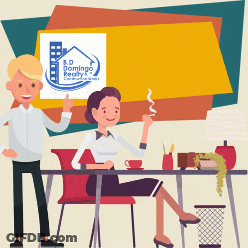 Standing Man And Sitting Woman With B.D. Domingo Realty Logo GIF