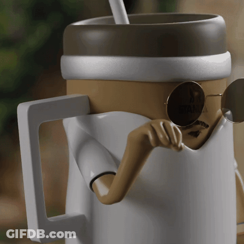 Stanley Coffee Cup Statue With Sunglasses And Straw GIF