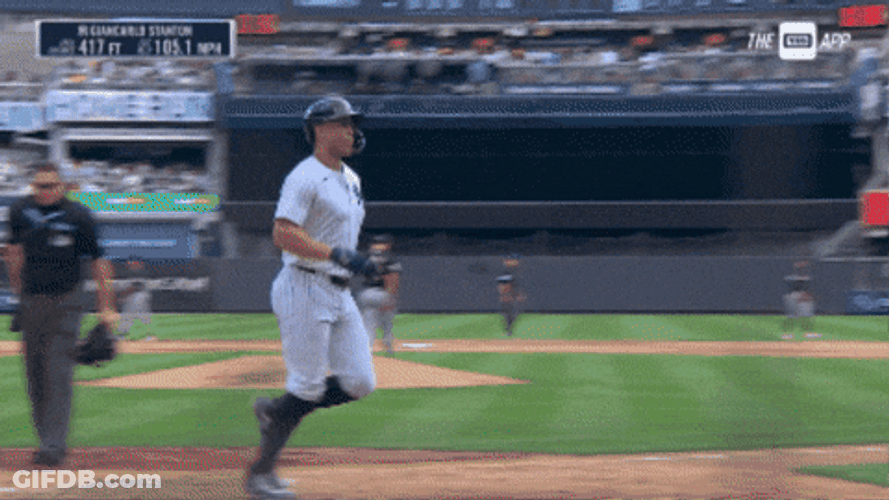 Stanton Runs To Teammate Chest Bump GIF