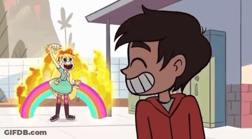 Star Vs The Forces Of Evil Character Standing Next To Boy And Girl With Rainbow GIF
