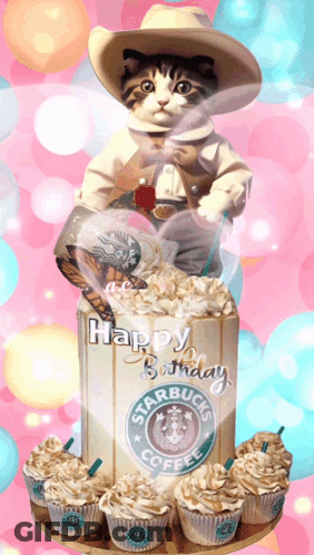 Starbucks Birthday Cake With Cupcakes And Cat GIF