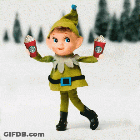 Starbucks Elf Holding Two Cups Of Hot Cocoa GIF