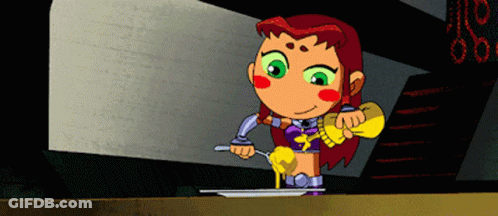 Starfire From Teen Titans Go Is Holding A Spoon And Fork GIF