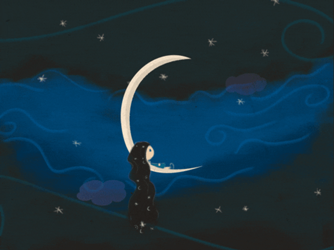 Starry Night Girl Lying On Crescent Moon GIF