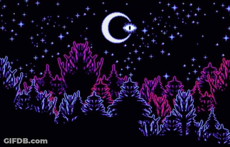 Starry Night With Crescent Moon Above Forest GIF