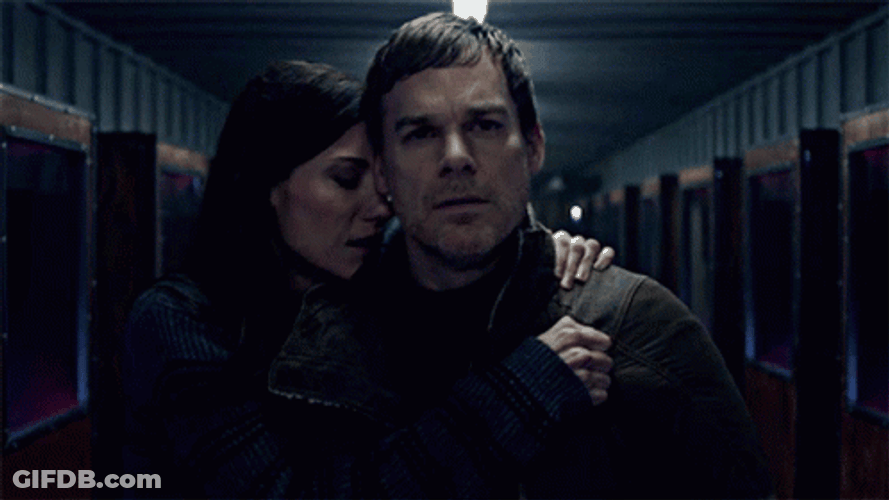 Startled Debra Hugging Dexter Morgan GIF