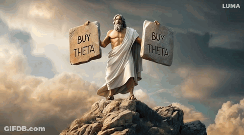 Statue Holding Stone Saying Buy Theta GIF