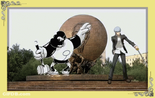Statue Holding Sword With Cartoon Character Number 9 GIF