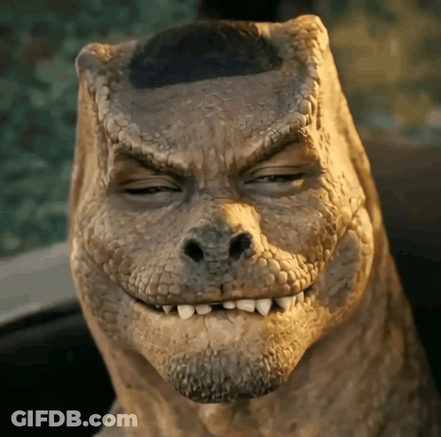 Statue Of Dinosaur With Shaved Head GIF