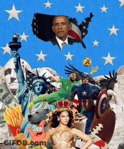 Statue Of Liberty, Captain America, Bear, And Woman Collage GIF