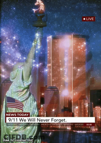 Statue Of Liberty In Front Of Twin Towers GIF