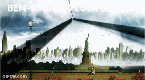 Statue Of Liberty Surrounded By City Skyline Saying Bem-Vindo Ao Local De GIF