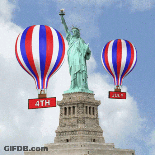 Statue Of Liberty With Two 4Th July Hot Air Balloons GIF