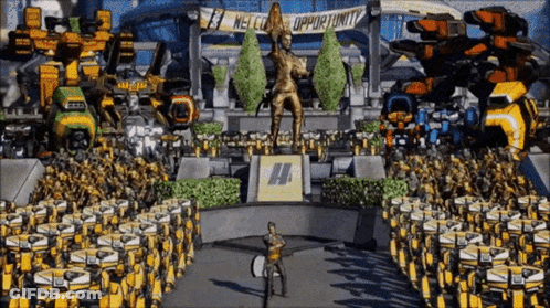 Statue Of Man In Front Of Crowd With Welcome Opportunity Banner GIF