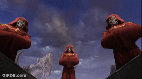 Statue Of Man In Red Robe With Hood In Front Of Blue Sky GIF
