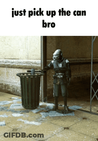 Statue Of Man Next To Trash Can Just Pick Up The Can Bro GIF