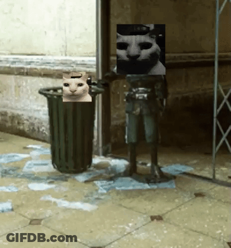 Statue Of Man With Cat On Head Next To Trash Can GIF