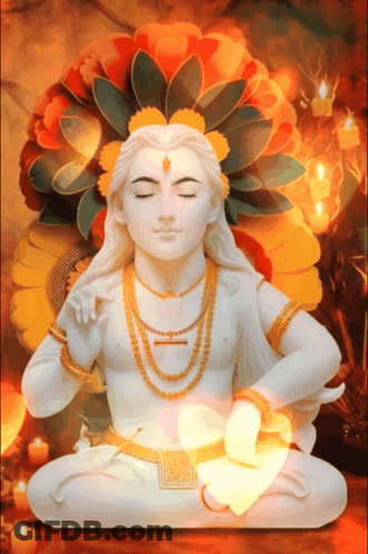 Statue Of Man With Eyes Closed Surrounded By Candles And Flowers GIF