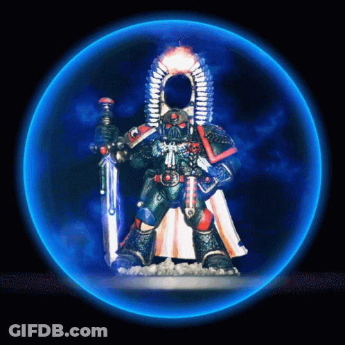 Statue Of Man With Sword In Blue Circle With Smoke GIF