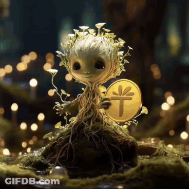Statue Of Tree Holding Coin With Chinese Symbol GIF