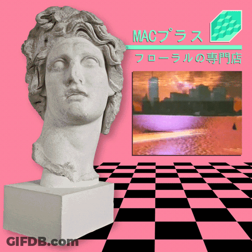 Statue Of Woman In Front Of Pink Mac Background GIF