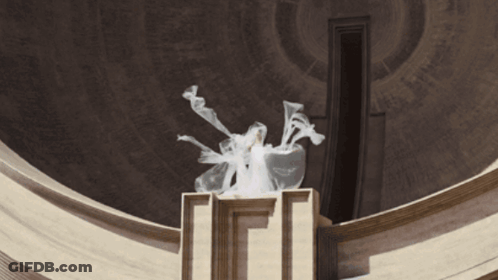 Statue Of Woman In White Dress In Front Of Building With Letter I GIF