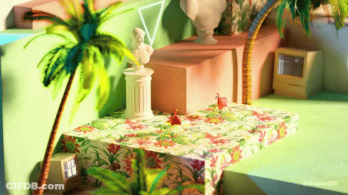 Statue Of Woman On Table In Room With Palm Trees GIF