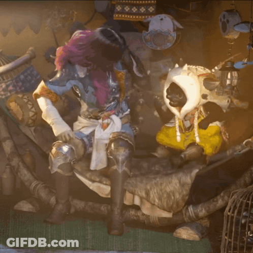 Statue With Purple Hair Sitting Next To Skeleton GIF