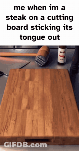 Steak Sticking Tongue Out Next To Prep Bottle GIF