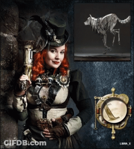 Steampunk Woman Holding Gun Beside Dog Picture GIF