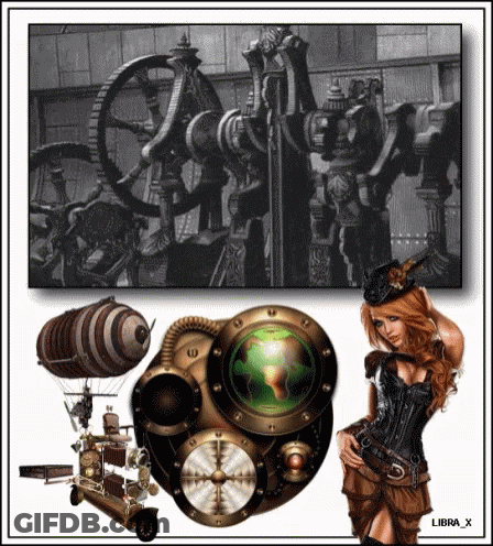 Steampunk Woman Next To Machine And Globe GIF