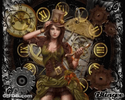 Steampunk Woman With Gears And Roman Clock GIF