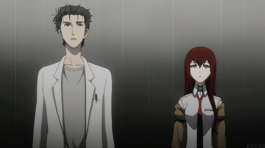 Steins Gate Okabe And Kurisu Look Up GIF