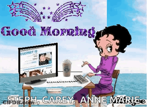 Steph Carey And Anne Marie Are Sitting At A Desk In Front Of A Computer Screen GIF