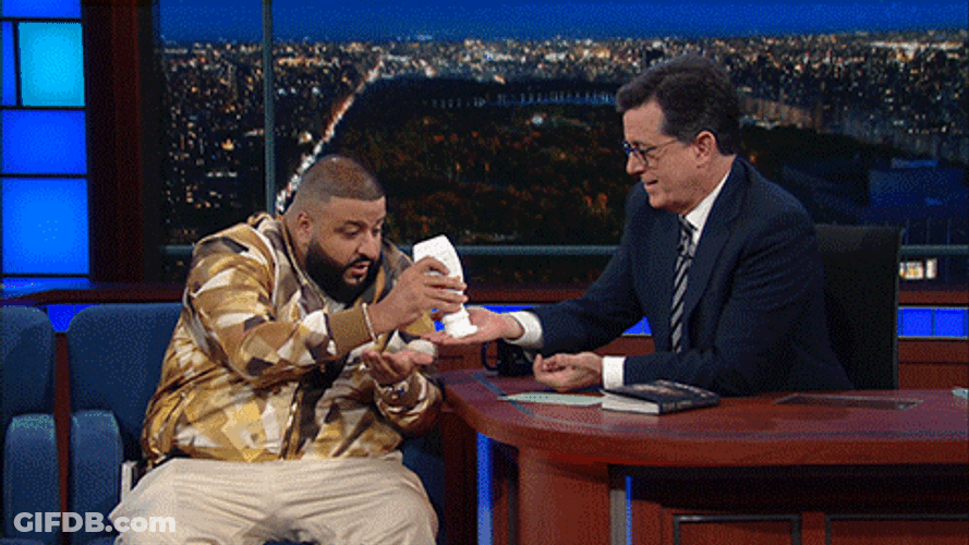 Stephen Colbert And DJ Khaled Rubbing Lotion GIF