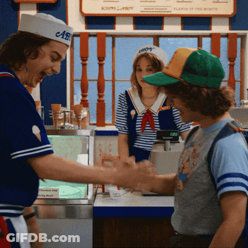 Steve And Dustin Nerdy Handshake GIF