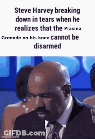 Steve Harvey Crying Over Plasma Grenade GIF