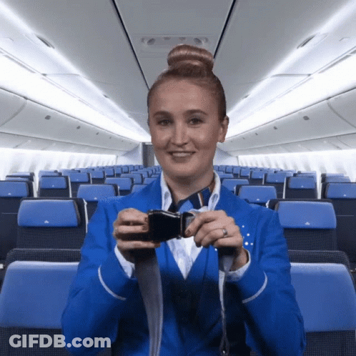 Stewardess In Blue Holding Seat Belt GIF