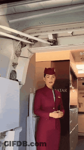 Stewardess In Front Of Qatar Door GIF
