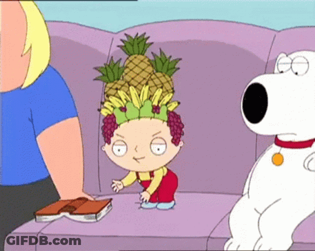 Stewie Dancing With Fruit Hat On His Head GIF