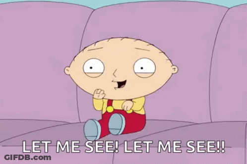 Stewie From Family Guy Is Sitting On A Purple Couch And Says `` Let Me See ! Let Me See ! '' GIF