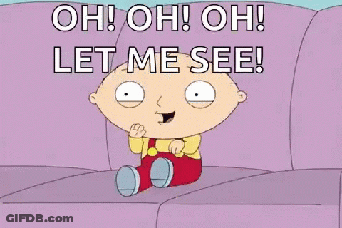 Stewie From Family Guy Is Sitting On A Purple Couch And Says `` Oh ! Oh ! Let Me See ! '' GIF