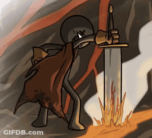 Stick Figure Holding Sword In Front Of Fire GIF