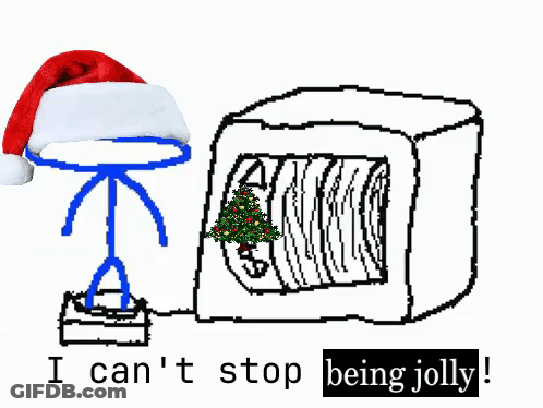 Stick Figure Santa Next To Christmas Tree Box GIF