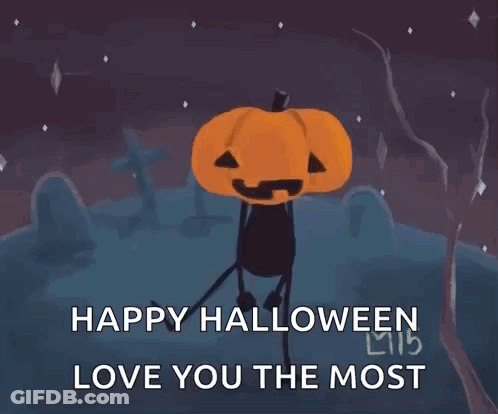 Stick Figure With Pumpkin Head In Cemetery Saying Happy Halloween Love You The Most GIF