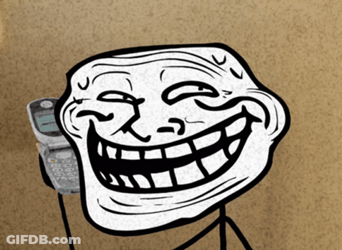 Stick Figure With Troll Meme Face On Phone GIF