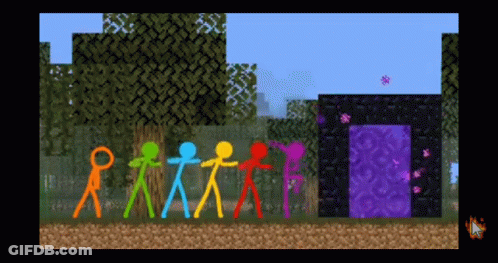 Stick Figures Standing In Front Of Portal GIF